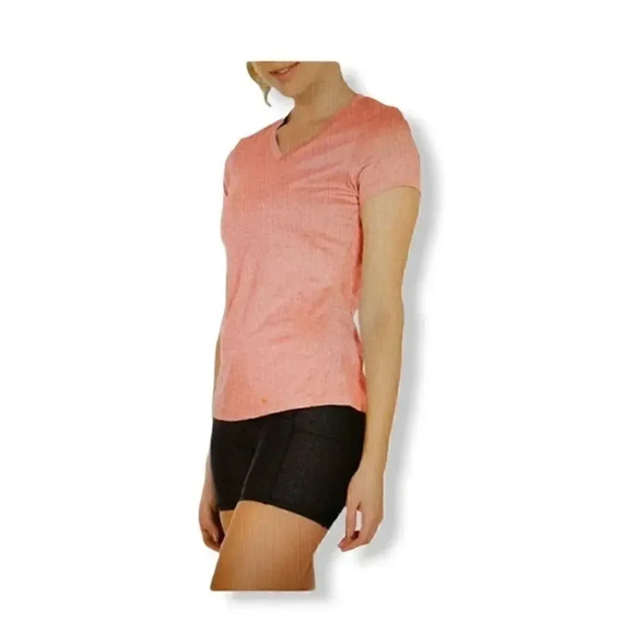 Icyzone V-Neck Salmon Pink Running Athletic Workout Short Sleeves -Shirt SZ L - Picture 2 of 3